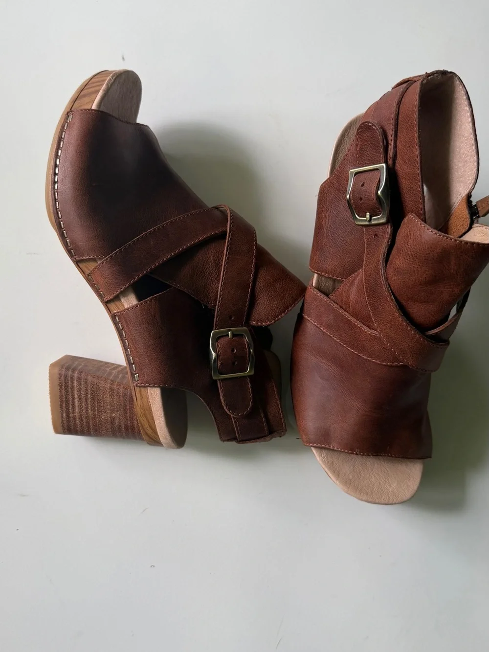Dansko Arlene Leather Boho Peep Toe Heel Tan Block Heel Sandals Womens Sz 39